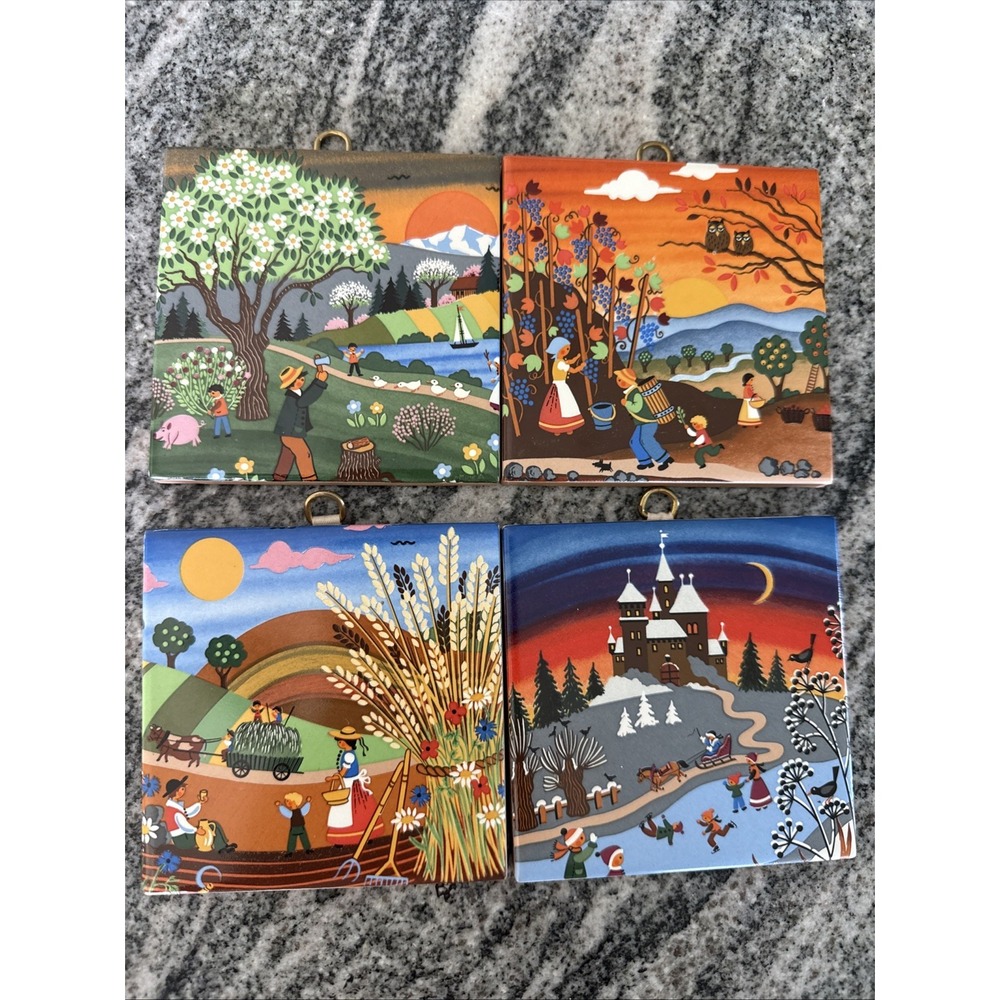 Set Of 4 Ceramic Hung Tiles Barbara Furstenhofer Tiles 4 Seasons 4"